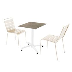 Oviala Business Ensemble table de terrasse stratifié marbre beige et 2 chaises ivoire - blanc métal 110649_0