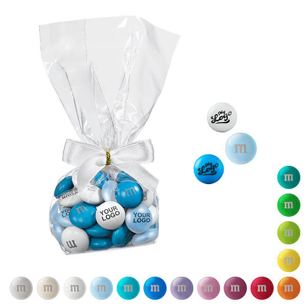 Bonbons en chocolat personnalisés dans un ballotin transparent de 40 g avec noeud - M&M'S®_0