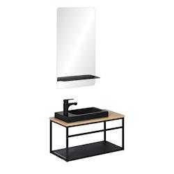 Meuble lave-mains WILO vasque noire + robinet noir + miroir - noir métal 3760232701508_0