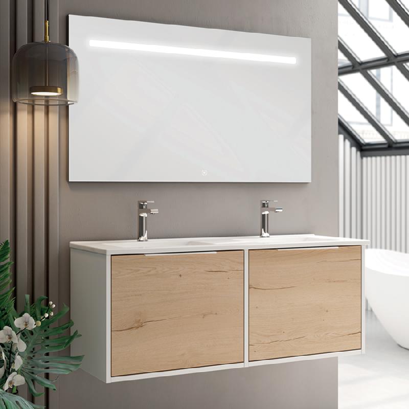 Meuble de salle de bain simple vasque 2 tiroirs PENA et miroir Led STAM  bambou (chêne clair) 120 cm COSYNEO - GIBPENA120STAMBAM - COSYNEO -  GIBPENA120STAMBAM