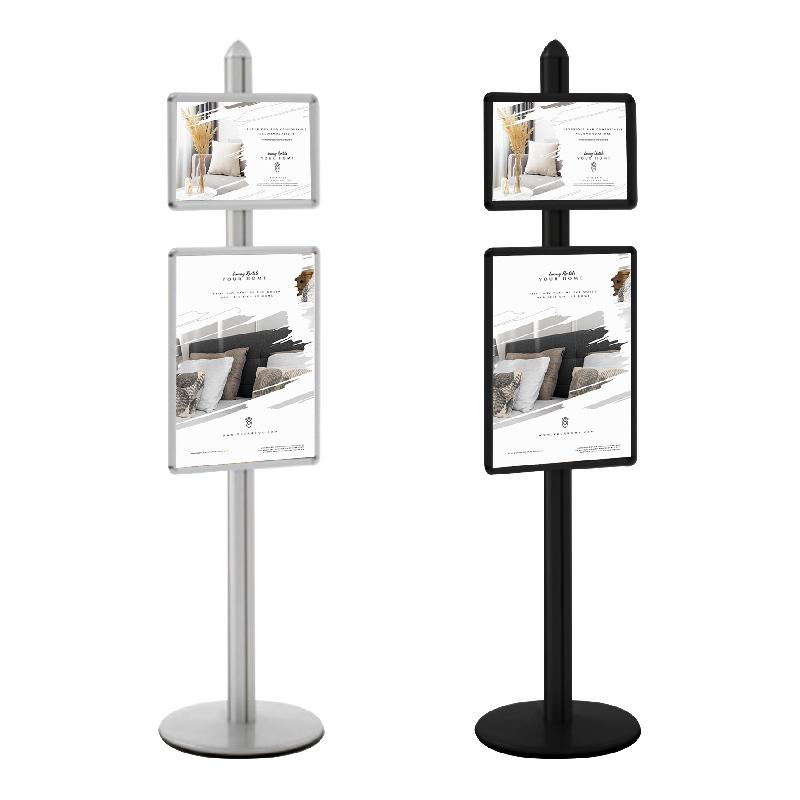 Meuble Présentoir Visual-Displays® GRIS ALU avec 1 cadre A3 et 1 cadre A2 - Réf : 214604 - Piètement Ø 7 cm x H 190 cm - Socle Ø 45 cm_0