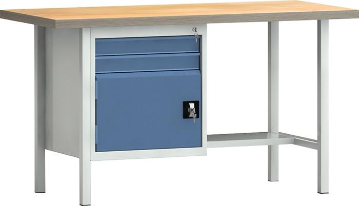 Établi PW 700 l.1500xP700xH840 mm hêtre Multiplex gris clair, RAL 7035 bleu brill., RAL 5007 2 tiroirs 1 porte KLW-LUTZ BETRIEBSEINRICHTUNGEN_0