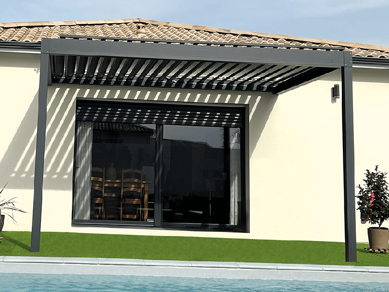 Pergola Bioclimatique Aluminium H2 Adossée Lames Orientables Perpendiculaires Électrique (Moteur Vérin Télécommande) Sur Mesure Référence: Bioclimatique H2 Perpendiculaire_0