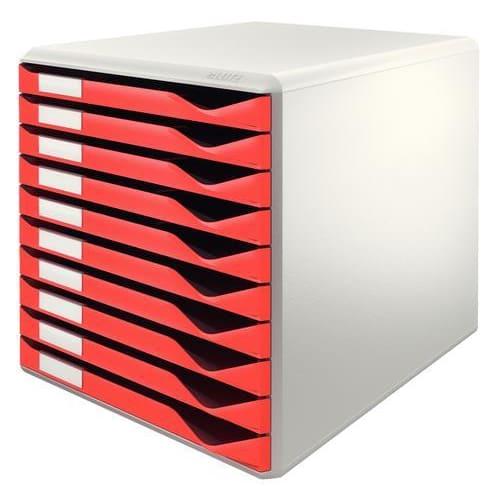 Leitz module de classement 10 tiroirs. Dim (lxhxp) : 28,7 x 29 x 35,5 cm. Structure grise/tiroirs rouges_0