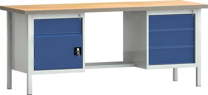 Établi PW 700 l.2000xP700xH840 mm hêtre Multiplex gris clair, RAL 7035 bleu gentiane, RAL 5010 4 tir. 1 porte KLW-LUTZ BETRIEBSEINRICHTUNGEN_0