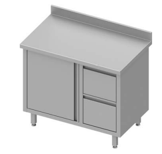 Meuble bas table de travail inox adossée avec deux tiroirs  à droite portes battantes 800x600x900 - 930316080_0