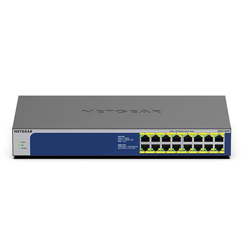 NETGEAR GS516PP Non-géré Gigabit Ethernet (10/100/1000) Connexion Ethernet, supportant l'alimentation via ce port (PoE) Bleu, Gris_0
