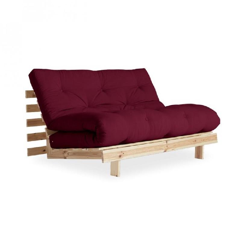 CANAPÉ CONVERTIBLE FUTON ROOTS PIN NATUREL TISSU BORDEAUX COUCHAGE 160*200 CM_0