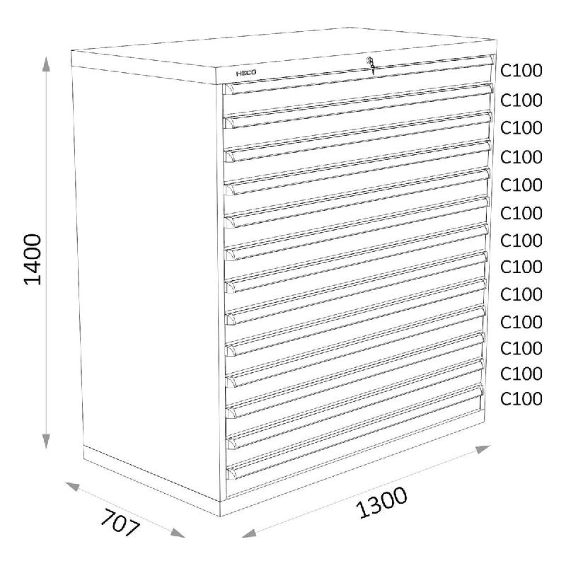 Armoires a tiroirs bleus serie 143 - Largeur 1300 mm Profondeur 707 mm Hauteur 700 / 1000 / 1300 mm Heco HE143439_0