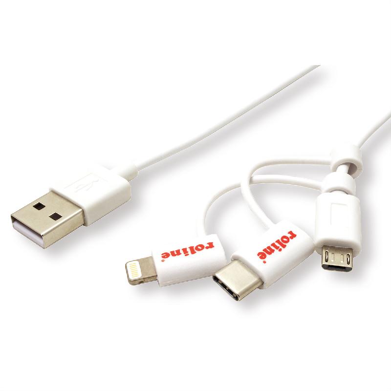 ROLINE Câble de charge et synchronisation 8 Pin/USB MicroB / Type C pour Apple et Android, blanc, 1 m_0