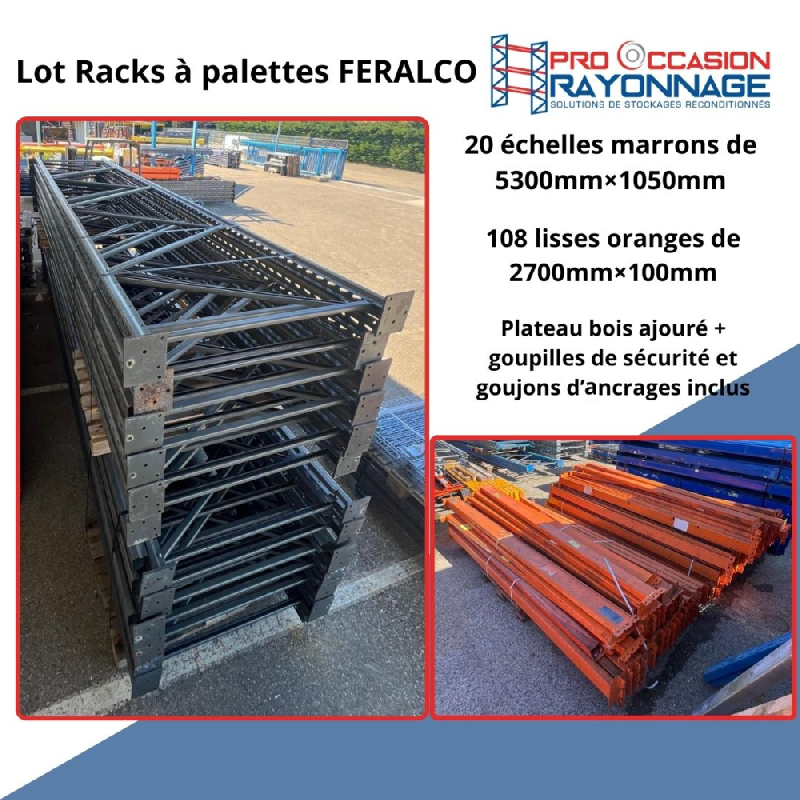 Racks à palettes - Longueur 53 300 mm, Hauteur 5 300 mm, Profondeur 1050 mm, 3 niveaux - Feralco_0