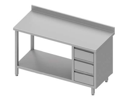 Table inox de travail adossée avec trois tiroirs  à droite avec étagère 1100x800x900 - 930398110_0