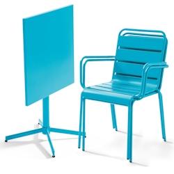 Oviala Business Ensemble table de terrasse carrée et 2 fauteuils métal bleu - Oviala - bleu acier 105392_0