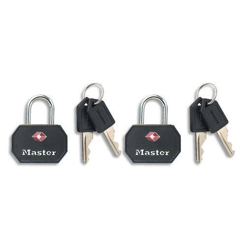 Master lock lot de 2 cadenas en acier certifié tsa en aluminium largeur 30 mm noir, livré avec 4 cles_0