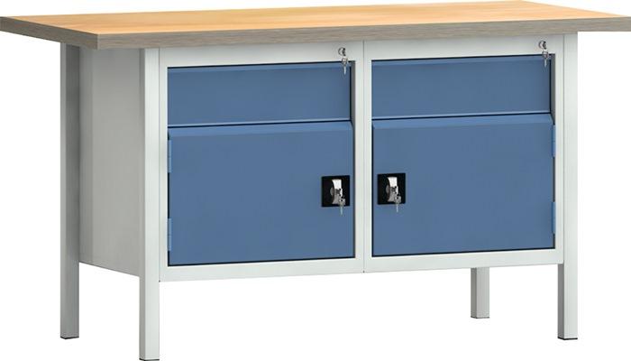 Établi PW 700 l.1500xP700xH840 mm hêtre Multiplex gris clair, RAL 7035 bleu brill., RAL 5007 2 tiroirs 2 portes KLW-LUTZ BETRIEBSEINRICHTUNGEN_0