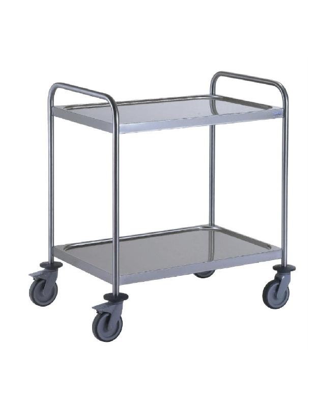 Chariot de service Tournus Equipement 2 niveaux - Montant en tube acier inoxydable - Plateau insonorisé - 50 Kg de charge maxi - 4 roues pivotantes 125mm - Dimensions LxPxH: 1095x695x960 mm_0