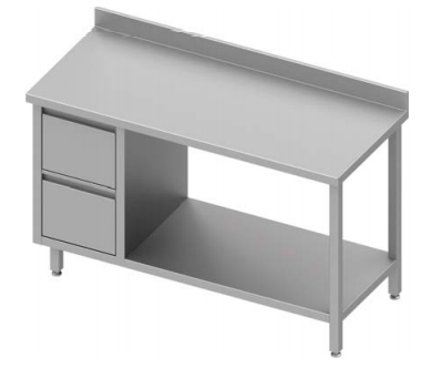 Table de travail inox adossée avec deux tiroirs  à gauche avec étagère 1300x800x900 - 930268130_0