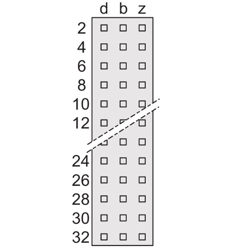 Connecteur SCHROFF de type F, EN 60603, DIN 41612, mâle, 32 contacts z b, broches à souder, 2.9 mm_0