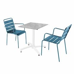 Oviala Business Ensemble table de terrasse stratifié marbre et 2 fauteuils bleu pacific - Oviala - bleu métal 110712_0
