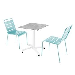 Oviala Business Ensemble table de terrasse stratifié marbre et 2 chaises turquoise - bleu métal 110645_0