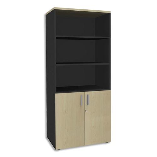 Simmob bibliothèque 2 portes basses steely erable carbone en bois - dimensions : l80 x h180 x p47 cm_0