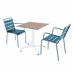 Oviala Business Ensemble table terrasse stratifié chêne et 2 fauteuils bleu pacific - 110815_0