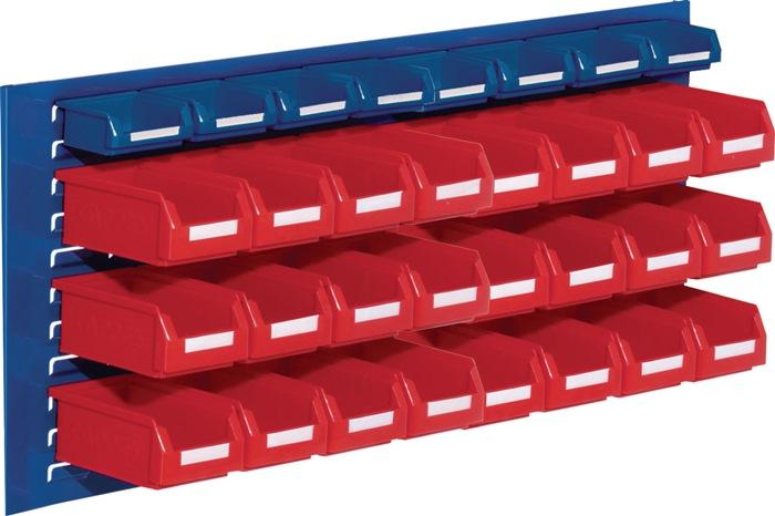 Jeu de boîtes de rangement ouvertes H450xl1000xP250mm tôle acier/polyéthyl. Revêtement plastique bleu + rouge 24 x taille 7 rouge / 8 x taille 8 bleu RASTERPLAN_0