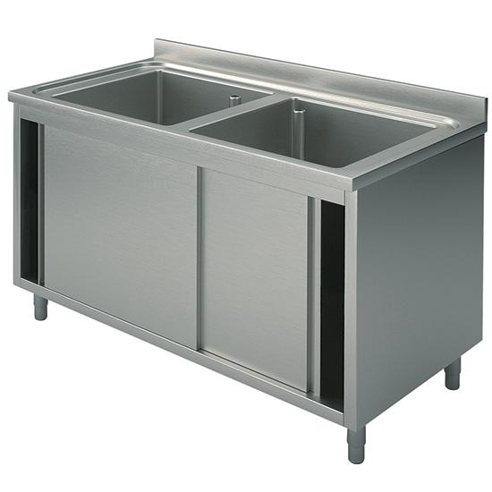 Plonge inox sur armoire, 2 bacs, avec portes coulissantes, 1400x600 mm - SLA21406_0