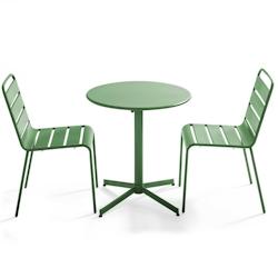 Oviala Business Ensemble table de terrasse ronde et 2 chaises métal vert cactus - Oviala - vert acier 106894_0