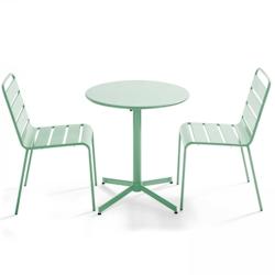 Oviala Business Ensemble table de terrasse ronde et 2 chaises métal vert sauge - Oviala - vert acier 109170_0