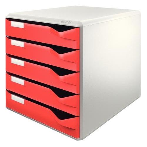 Leitz module de classement 5 tiroirs. Dim (lxhxp) : 32,6x32,1x32,6 cm. Structure grise/tiroirs rouges_0