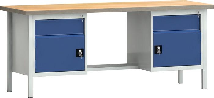 Établi PW 700 l.2000xP700xH840 mm hêtre Multiplex gris clair, RAL 7035 bleu gentiane, RAL 5010 2 tir. 2 portes KLW-LUTZ BETRIEBSEINRICHTUNGEN_0