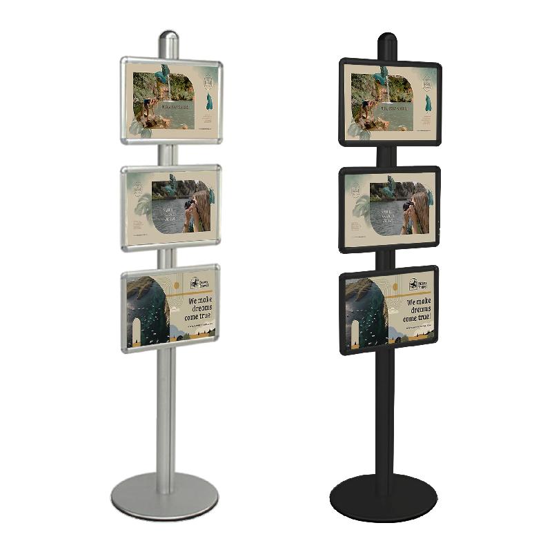 Meuble présentoir Présentoir Visual-Displays® GRIS ALU avec 3 cadres A3 - Réf : 214603 - Piètement Ø 7 cm x H 190 cm - Socle Ø 45 cm - Socle lesté 12 kg_0