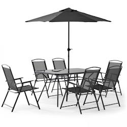 Oviala Business Salon de jardin table et 6 chaises pliantes avec parasol central - gris acier 103564_0