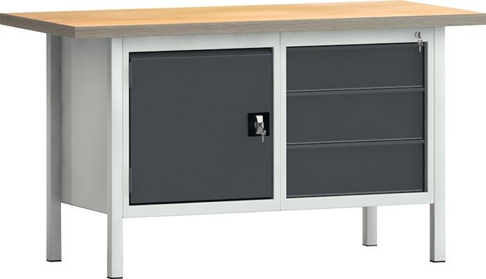 Établi PW 700 l.1500xP700xH840 mm hêtre Multiplex gris clair, RAL 7035 gris anthr., RAL 7016 3 tiroirs 1 porte KLW-LUTZ BETRIEBSEINRICHTUNGEN_0