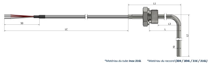 Sonde à résistance à visser (RTD) Raccord fixe (angle 90°) (Type 2) - PR14_0