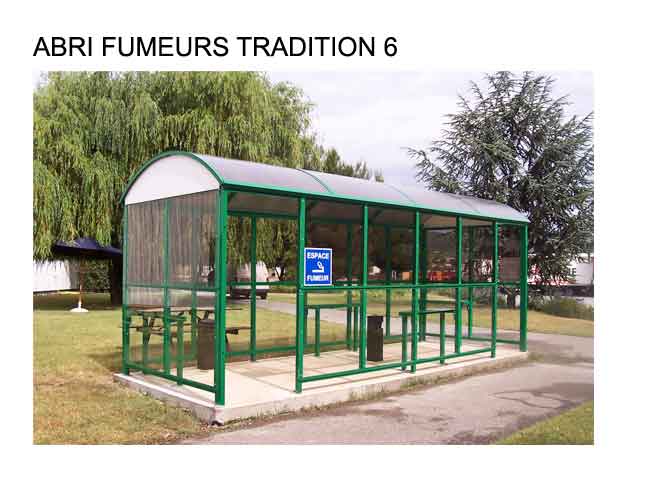 Abri fumeur tradition 6 / structure en aluminium / bardage en verre securit / cendrier / banc assis-debout / éclairage_0