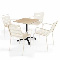 Oviala Business Ensemble table de jardin stratifié chene naturel avec 4 fauteuils ivoire - Oviala - 110119_0