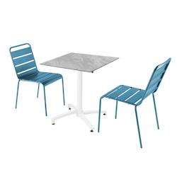 Oviala Business Ensemble table de terrasse stratifié marbre et 2 chaises bleu pacific - bleu métal 110780_0