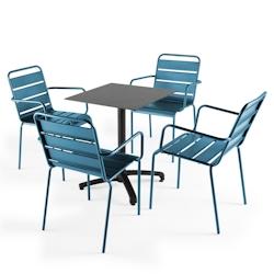Oviala Business Ensemble table de terrasse stratifié gris et 4 fauteuils bleu pacific - bleu métal 108151_0