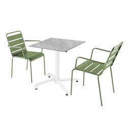Oviala Business Ensemble table de terrasse stratifié marbre et 2 fauteuils vert cactus - vert métal 110820_0