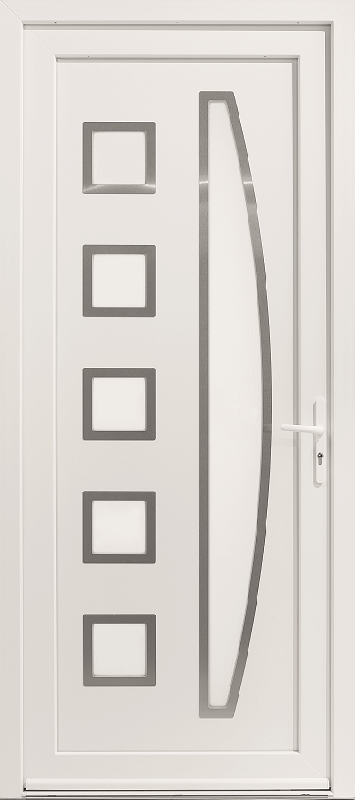 Porte d'Entrée PVC Solano Vitrages Dépoli Sablé Demi-Lune & 5 Carrés Blanc, Gris ou Chêne Sur Mesure Référence: Porte PVC Solano_0