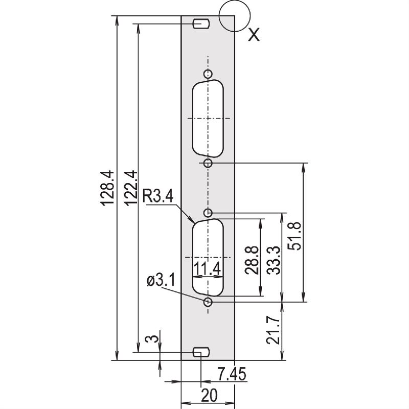 SCHROFF Face avant, plate, non blindée, découpe Sub-D, 3 U, 4 HP, 2 x 15 broches, 2,5 mm, alu, anodisé avant, conducteur arrière_0