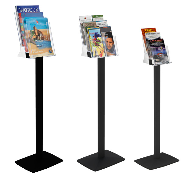 Porte-brochures et revues plexiglass-cristal sur pied NOIR - 3 cases A4 Réf : 214710NR_0