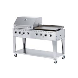 METRO PROFESSIONAL Barbecue Plancha à 8 brûleurs sur chariot, acier revêtu en poudre, 157 x 64 x 122 cm, puissance 30,4 kW, 4 roulettes, argent - 4_0