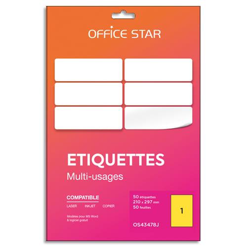 Office star boîte 50 étiquettes adhésives multiusage format a4 210x297mm. Planche a4. Coloris jaune_0