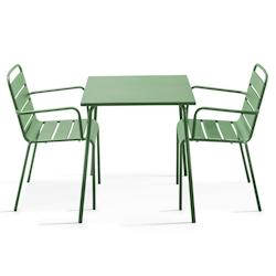 Oviala Business Ensemble table de terrasse carrée et 2 fauteuils acier vert cactus - Oviala - vert acier 106010_0