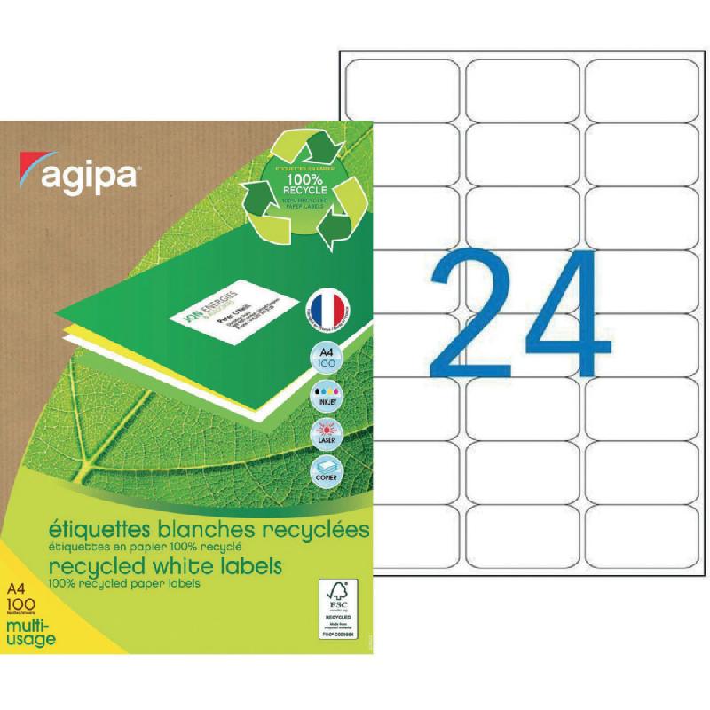AGIPA 102645 Etiquettes blanches recyclées multi-usage 63,5 x 33,9 mm - Boîte de 2400_0