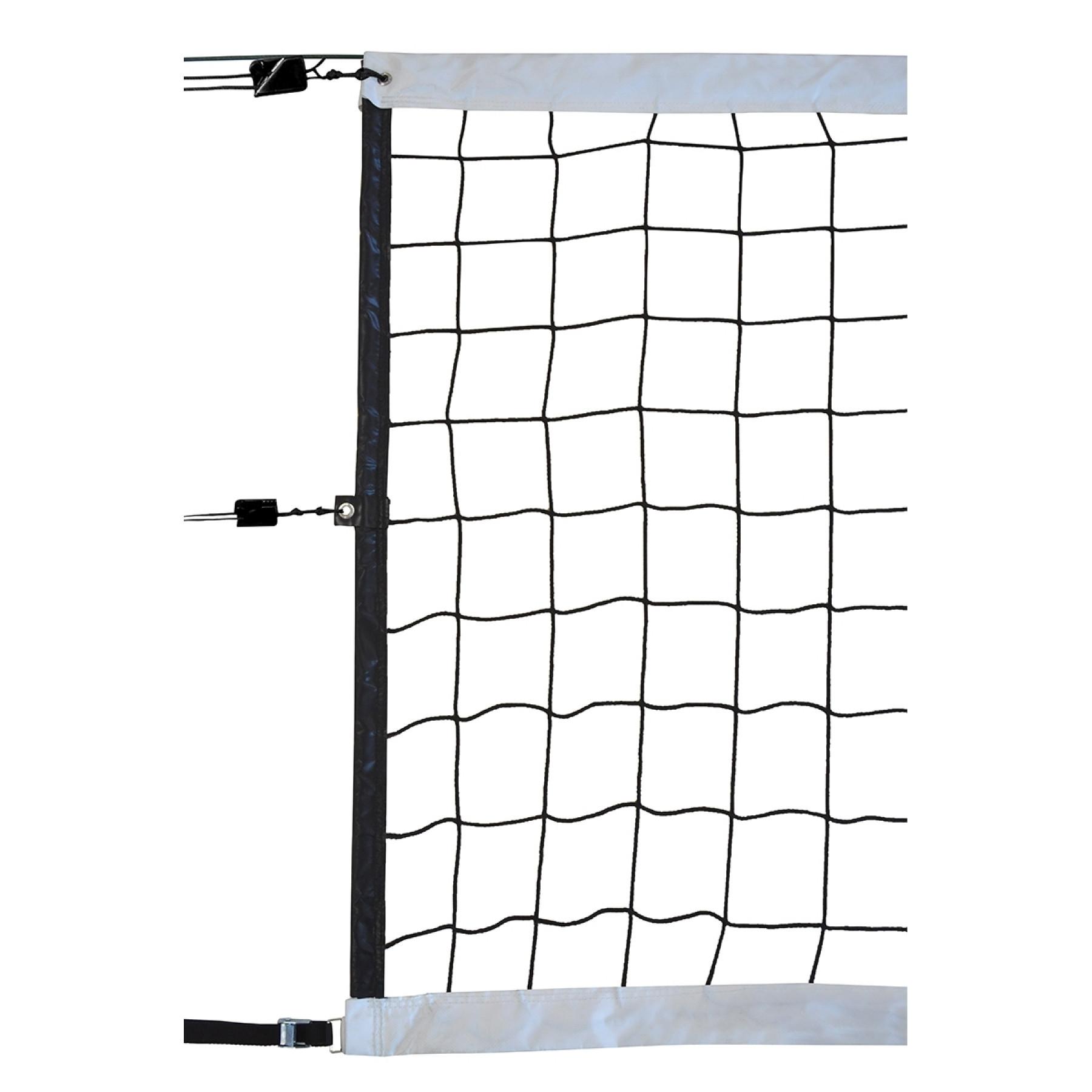 Filet volley compétition 9.50x1M PP tressé 4mm simple maille 100 câble acier Emdé - Bande PVC blanc 150mm en haut et 110mm en bas - Bande noir 70mm sur les côtés_0