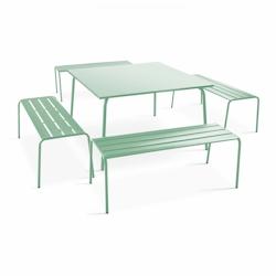 Oviala Business Ensemble table de jardin carrée et 4 bancs en métal vert sauge - Oviala - green steel 109287_0